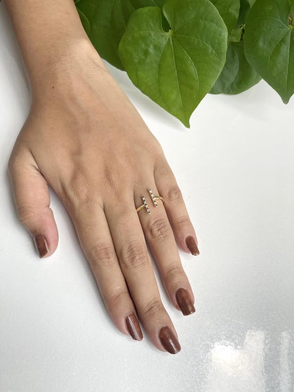 Miniatura 2 de Alternate Blue Sapphire & White Diamond Open T Bar Ring For Women, 14k Yellow Gold Finish Blue Sapphire Open Bar Ring, Stackable Double Bar Ring