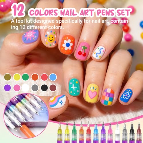 Image of 12 Color Nail Art Pens, 0.5 MM Nail Polish Pens Set Drawing Painting Point Liner Acrylic Painted Pen Kit, Waterproof and Quick-drying Nail for DIY Nails Art Design Manicure Tools