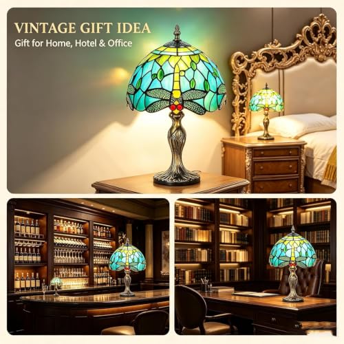 Image of 8'' Stained Glass Table Lamp, Vintage Desk Bedside Night Light