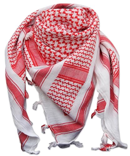 Outdoor World Shemagh Unisex Scarf Keffiyeh Arab PLO Military Army SAS Desert Head Neck Wrap Breathable 100% Cotton Tactical Scarf for Men Women 110cm x 110cm with Tassels (Red & White)