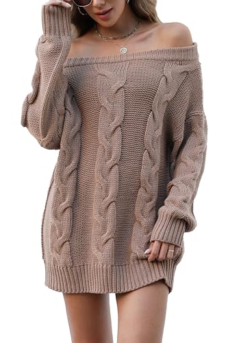 Image of VIMPUNEC Womens Off The Shoulder Sweaters Color Block Oversized Pullover Sweater Cable Knit Chunky Tops Cable Knit Brown L