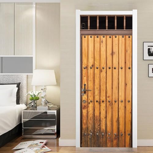 Pegatinas Puerta 3D Remaches Con Veta de Madera Pegatinas para Puertas de Estilo Campestre Vinilo Decorativo Pegatina Pared Mural para Puerta Autoadhesivas Papel Pintado Puerta 77x200 cm A-3046
