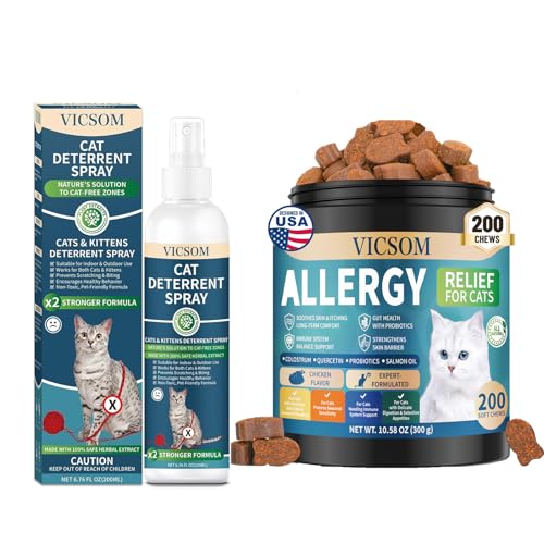 VICSOM Cat Allergy Relief Chews & Cat Deterrent Spray Bundle -200 Count Soft Chews + 6.760zNatural Cat Scratch Deterrent Spray for Skin Comfort & Furniture Protection