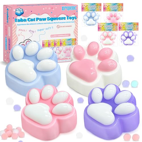 Stress Relief Toy Taba Cat Paw, 4Pcs Squeeze Toy Paw, Cute Sensory Toys, Handmade Soft Silicone Sticky Toys, Bouncy Stress and Relaxation Toy, Stretchable Springy Cat Paw, Gifts for 3-10 Year Old Girl
