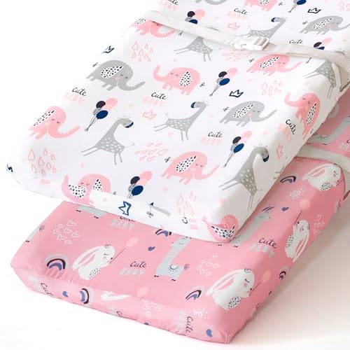Image of BROLEX Changing Pad Covers for Baby: Boy Girls Ultra Stretchy Soft 2 Pack Elephant Rabbit