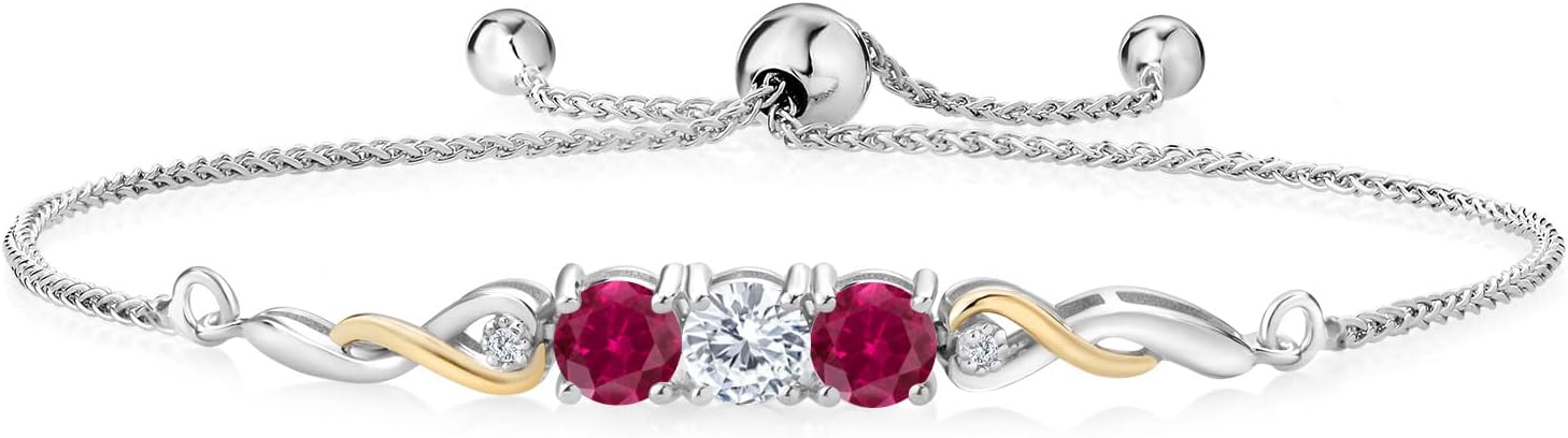 Two-Tone Gemstone Birthstone and Created ruby and Accent Lab Grown Diamond Infinity Tennis Bracelet For Women In 925 Silver and 10K Yellow Gold | Round 5MM and 1.3MM | Fully Adjustable Up to 9 Inch