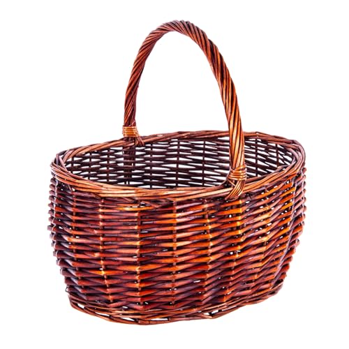 Cesta de Mimbre Grande Bicolor con Asa. Cesta de Almacenaje Multiusos. Ideal para Recolección de Setas, Frutas, Verduras, Madera o Decoración Vintage (Caoba 42 x 32 x 21/42 cm)