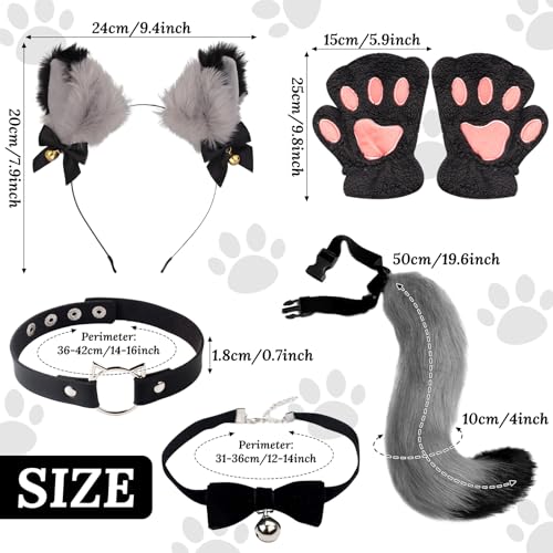 5 Stück Schwarze Katze Kostüm Set, Plüsch Kunstfell Fox Wolf Tail Kit mit Stirnband Katzenohren Halsband Plüsch Handschuhe Schwanz für Damen Karneval Cosplay Fancy Dress Party