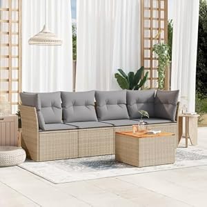 RJPLMFV Gartensofas-Set, 5-teilig, Beige, geflochtenes Kunstharz
