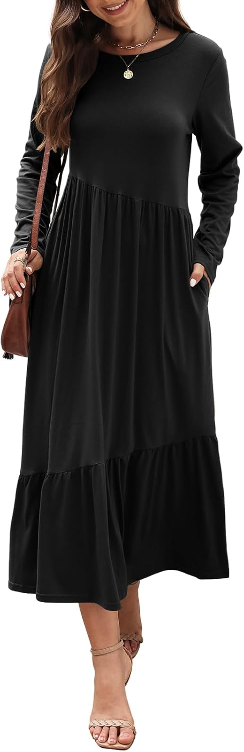 Women's Long Sleeves Maxi Dress Casual Loose Tiered Flowy Swing Beach Long Dresses with Pockets