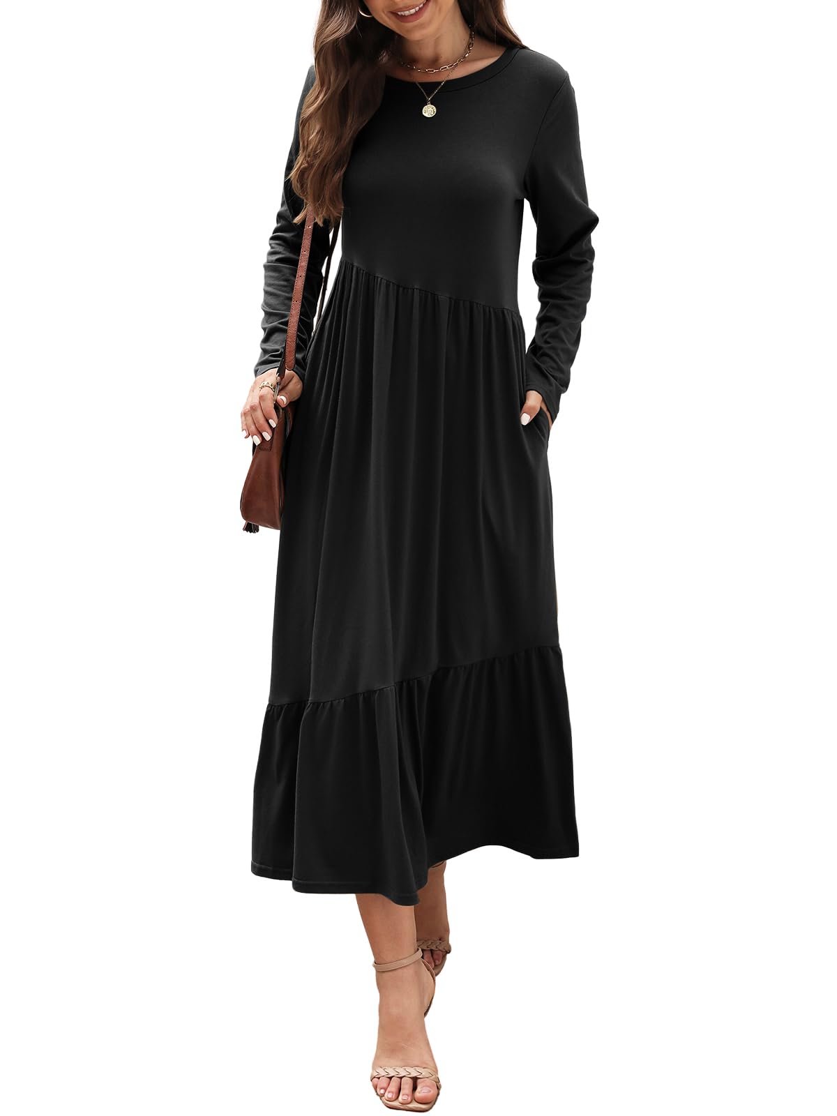 Mieazom Women's Long Sleeves Maxi Dress Casual Loose Tiered Flowy Swing Beach Long Dresses with Pockets