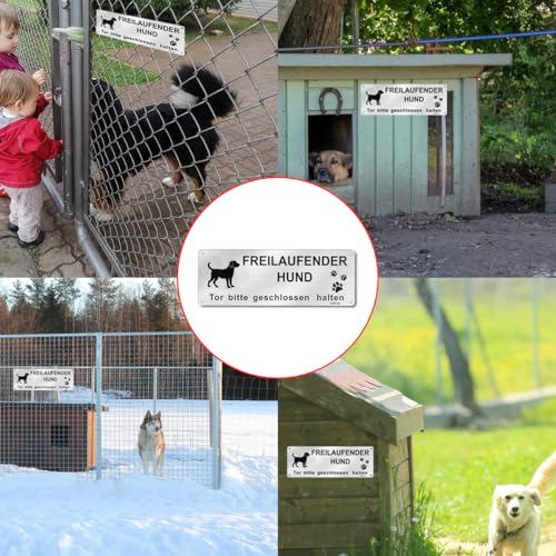 Vorsicht Freilaufender Hund, 1 Stück Achtung Hund Schild, Schild Warnung vor Dem Hund, Warnschild Hund Aluminium mit Selbstklebend und Vorgebohrten Löchern, 25x 9cm, Innen/Außen