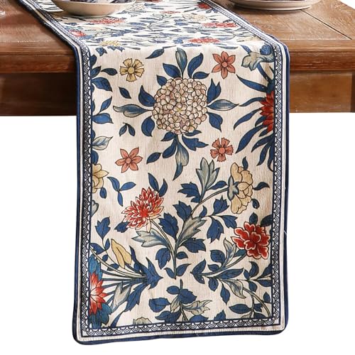 patdrea Designer Blue Cottage Rustic Floral Patterned Linen Table Runner 87 Inch Long,Wrinkle Resistant Table Mat,Decoration for Kitchen Dining and Coffee Tables Banquet Christmas , 12"x87"