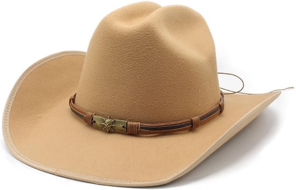 Classic Western Cowboy Hat, Tan Felt with Leather Band, Wide Brim, Decorative Metal Accent
