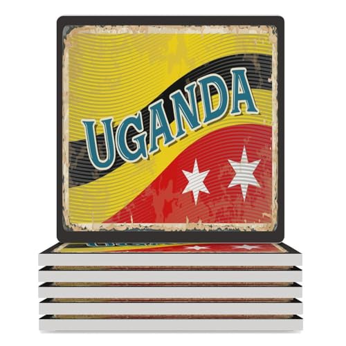 Lot de 6 sous-verres en céramique avec drapeau de l'Ouganda pour la protection de table, décoration de table basse pour la maison et la cuisine