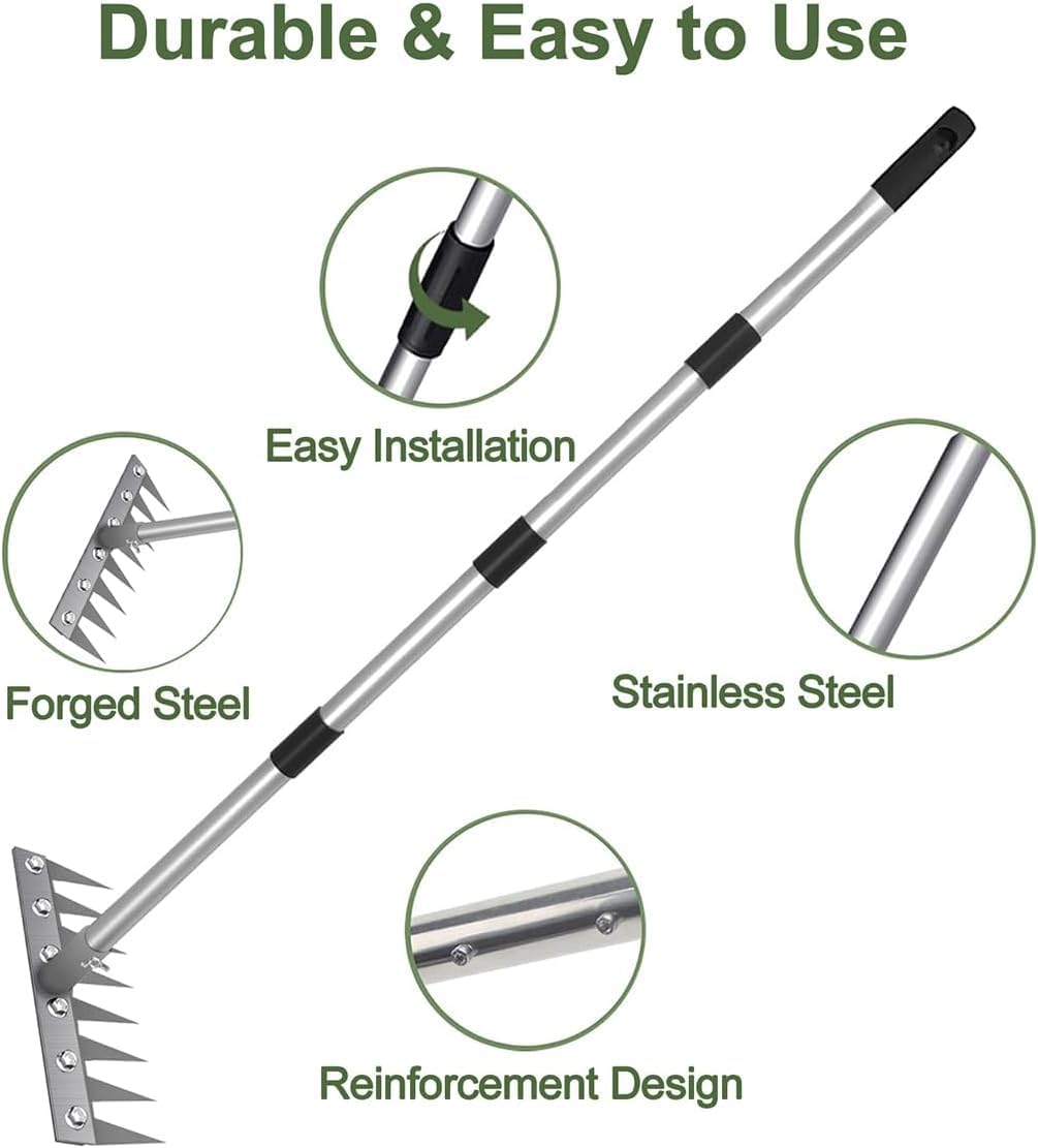 2 in 1 Weeding Rake w/ 60'' Handle, 8-Teeth Garden Weed Puller Tool Heavy Duty Gardening Tool for Lawn, Flower Beds,Cultivating & Soil Aeration (1, Chrome)