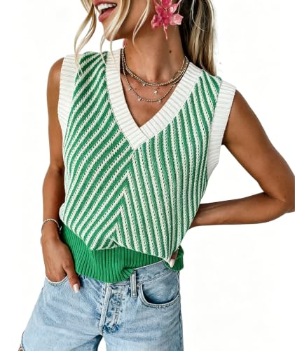 Image of MARZXIN Women Sleeveless Sweater V Neck Casual 2026 Fall Knitted Chevron V Neck Sweater Vest Color Block Pullover Sweater Top