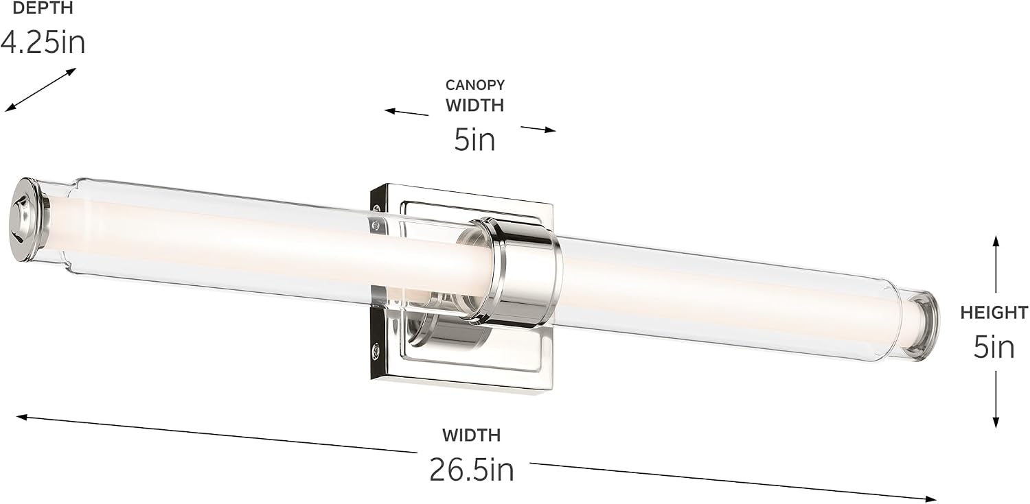 Kichler Laurene 26.5" LED Linear Bath Bar Vanity Light Fixture with Clear Glass in Polished Nickel for Bathroom Mirror, Hallway, Buffet, Fireplace (26.5" W x 5" H), 55238PNLED