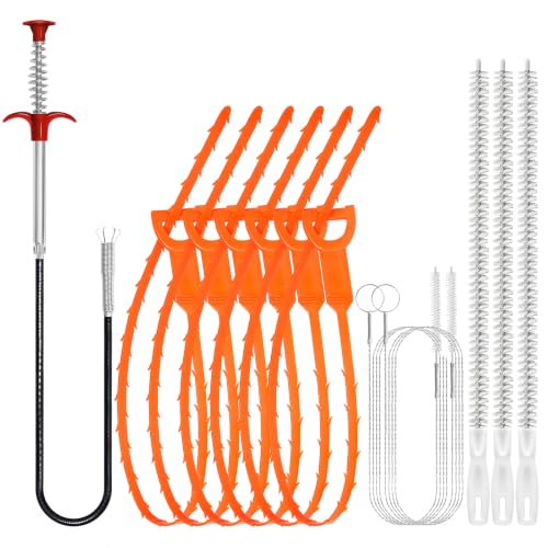 Drain Snake 12 Set: 25inch Snake Drain Hair Removal Tool(1PCS), 59inch Cleaning Brush(2PCs), 25inch Drain Clog Remover(6PCS), 18inch Sink Drain Brush(3PCS) For Bath Tub, Toilet, Kitchen Sink, Sewer
