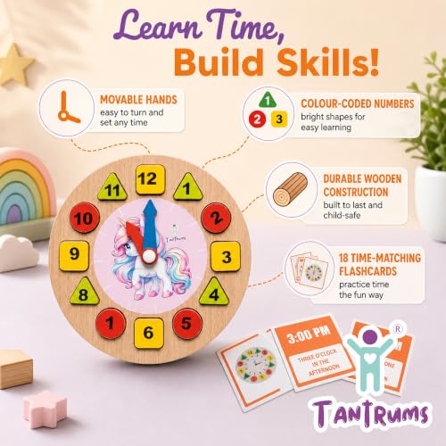 Image of Unicorn Learning Clock with Time Flash Cards | Child Safe Paint and Imported Wood