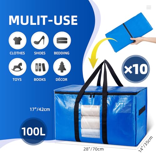 Image of TAILI Extra Large Moving Bags, 10 Pack Blue Heavy Duty Totes For Storage with Visible Window, Wrap Around Handles, Storage Bags for Space Saving, Alternative to Moving Boxes