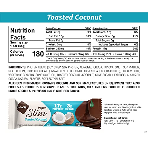Nugo Slim Dark Chocolate Toasted Coconut, 16G Vegan Protein, 3G Sugar, 7G Fiber, 190 Calories, Low Net Carbs, Gluten Free, 12 C #TOP3