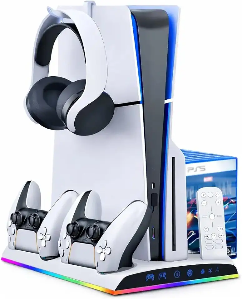 Base Cooler para PS5 Slim e PS5 Fat – Cooler com 2 Ventoinhas, Carregador Duplo para Controles DualSense, Iluminação RGB, Suporte para Headset e 3 Portas USB (Branco)