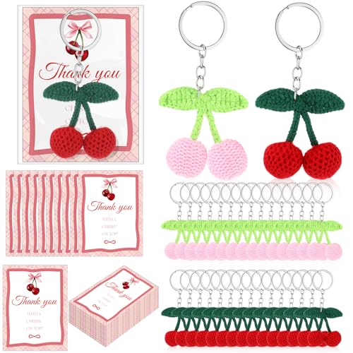 Image of XunYee Cherry Keychains with Thank You Cards Bulk Birthday Baby Shower Party Favors Small Business Gifts Decoration for Women