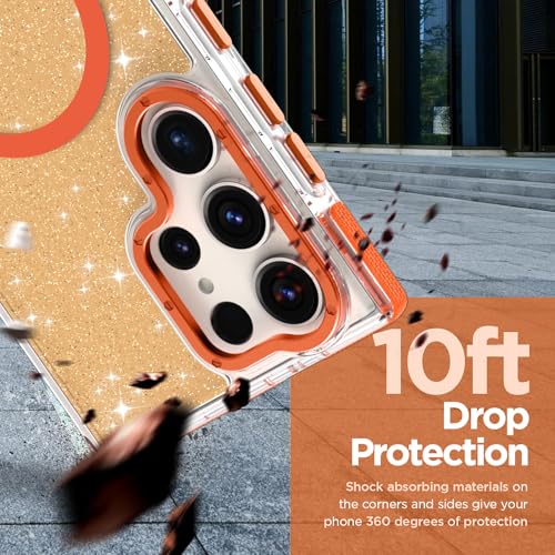 Image of Magnetic Case for Samsung Galaxy S22 Ultra [Compatible with Magsafe] [Bling Glitter Fluorescent Design] [1 Screen Protector] Slim Translucent Matte Case for Galaxy S22 Ultra 6.8 inch, Orange