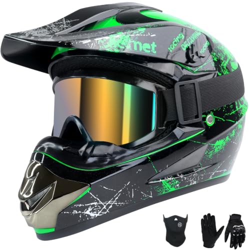 Youth Kids Dirt Bike Helmet Full Face Helmets,Motorcycle Helmets for Boys and Girls 8-14,Includes (Gloves Goggles Mask) 4Pcs Set,Motocross Bike Helmet for Off-Road ATV BMX MX,DOT Approved (Green,XL) by MOTUNA - Used condition - US$48.95