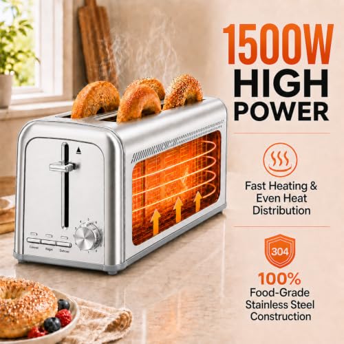 Slim Toaster 4 Slice, Long Slot Stainless Steel, 9 Shade Settings(Silver) by LAINSTEN - Used condition - Image 5