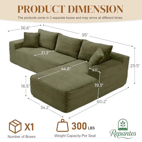 Image of 95 inch L Shaped Boneless Sectional Couches, Wide Armrest, Deep Seat, Memory Foam, Assembly Free, Modern Comfy Corduroy Fluffy Cloud Sofa with Right Chaise for Living Room, Small Spaces, Green