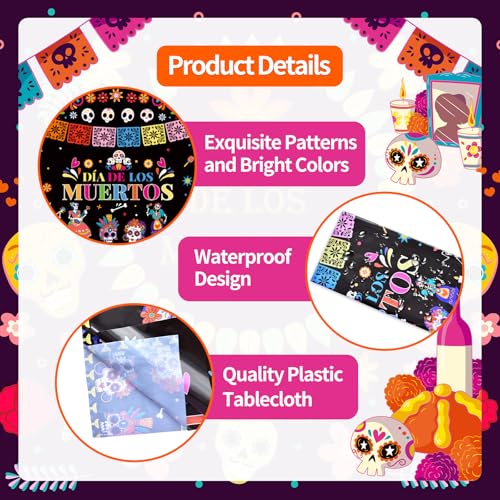 Image of Gistome 3-Piece 54 x 108 Inch Day of the Dead Plastic Tablecloth - Colorful Sugar Skull Disposable Table Cover for Dia de Los Muertos, Mexican Fiesta, and Halloween Party Decorations