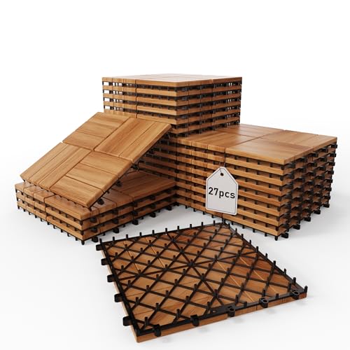XINONE Solid Gold Acacia Wood Interlocking Deck Tiles - Waterproof