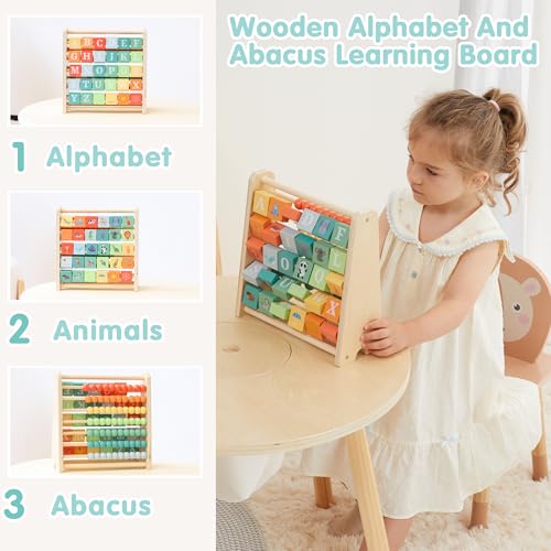 FReniland Wooden Activity Cube - Double-Sided Abacus & Alphabet Flip Tiles for Toddlers 18M+, Educational Learning Toy for Math and ABC Fun