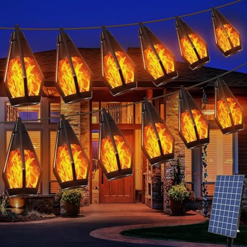 Guirlande Solaire Extérieur 12m 120LED avec Effet Flammes Réaliste, IP65 Étanche Lumière de Jardin pour Terrasse Balcon Pergola, Guirlande Lumineuse Vintage pour Décoration Mariage Anniversaire