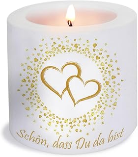 Serviettenshop Kerze rund zur Hochzeit | Herzen in gold | Ø 8cm | Höhe 7,5cm