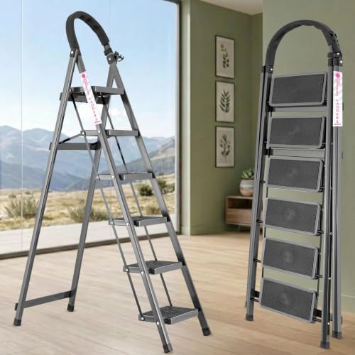 Image of Casa Copenhagen Grey 6 Step Ladder for Home Use with Built-in Tool Tray | Heavy Duty D Shape Rods | Ultra Large Platform | Secure Lock and Stability | 150Kg Capacity Foldable Ladder - 7 Years Warranty
