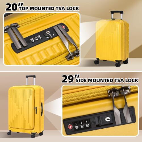 Image of Kaleenie 2 Pieces 20 /29 Luggage Sets, 20 Inch Cabin Luggage with Front Pocket & 29 Inch Side Opening Suitcase, Ligthweight ABS+PC Hardshell, TSA Lock with HINOMOTO 360 Wheels, Yellow