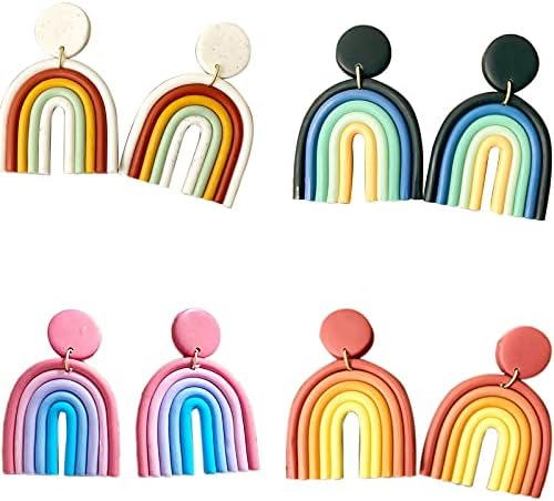 4 Pairs Handmade Rainbow Ceramic Clay Dangle Earrings Set Bohemian Colorful Candy Macaron Color Drop Earrings for Women Girls Jewelry(A)