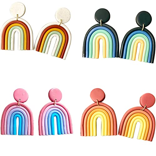 4 Pairs Handmade Rainbow Ceramic Clay Dangle Earrings Set Bohemian Colorful Candy Macaron Color Drop Earrings for Women Girls Jewelry(A)