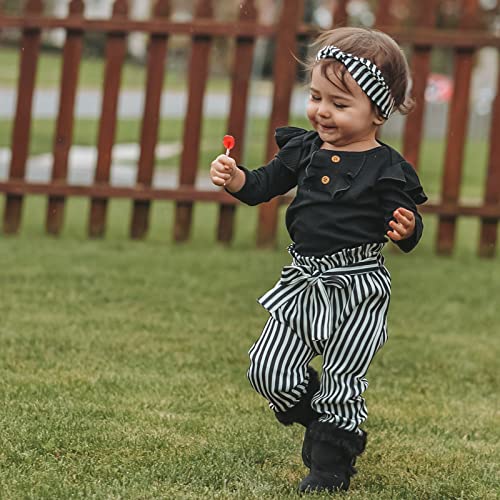 Image of Newborn Baby Girls Clothes Ribbed Ruffled Romper+Floral Pants+Headband Infant Outfit Set
