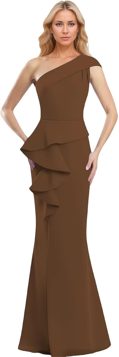 Satin Mother of The Bride Dresses for Women One Shoulder Mermaid Long Ruched Formal Wedding Guest Dress