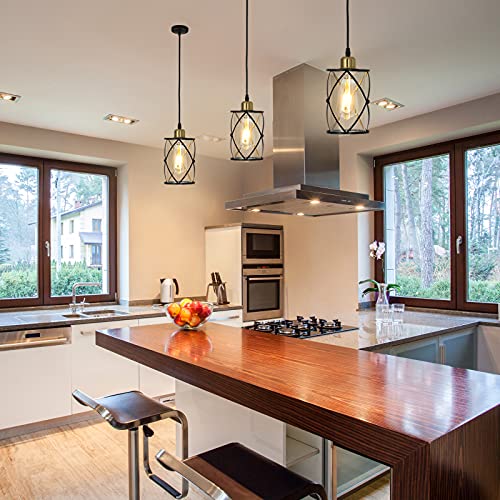 huong son Black and Gold Industrial Pendant Light, Farmhouse Cage Pendant Light with Clear Glass Shade, Adjustable Mini Pendant Kitchen Island Light Fixtures, E26 Base, 1-Light - Image 2