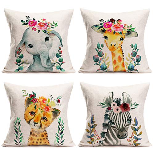 Fukeen Set of 4 Watercolor Pattern Lovely Animals Throw Pillows Cases Cute Elephant Giraffe Zebra Tiger Baby with Leaves Flowers Garland Pillow Covers Cushions Covers for Couch, Cotton Linen 18â€x18â€