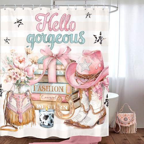 Cowgirl Pink Brown Horseshoe Flowers Girls Bathroom Shower Curtain Set