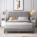 Full Bed Frame, Upholstered Platform Bed Frame with Adjustable Headboard, Button Tufted Mattress Foundation with Sturdy Wood Slat Support, No Box Spring Required, Easy Assembly (Grey, Full)