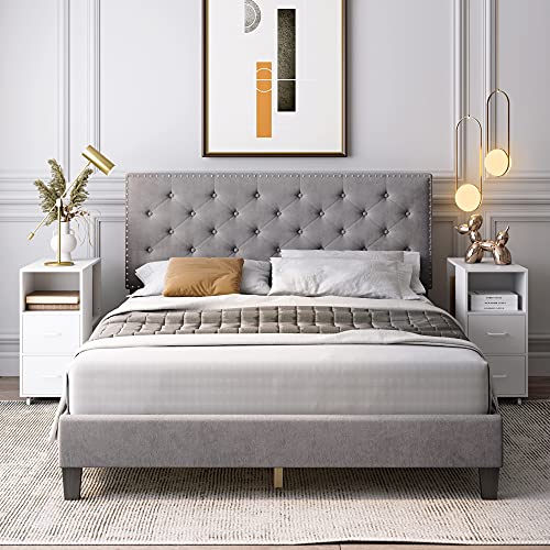 Urkno Queen Bed Frame, Upholstered Platform Bed Frame With Adjustable Headboard, Button Tufted Mattress Foundation With Sturdy Wood Slat Support, No Box Spring Required, Easy Assembly (Grey, Queen) #TOP12