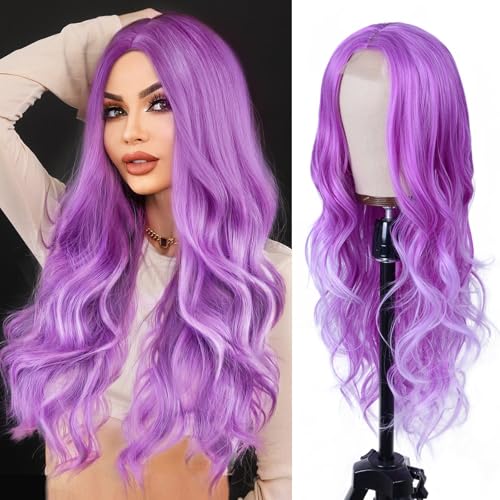 Aida ble Long Wavy Lavender Purple Wig for Women 26inch Middle Part Wig