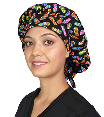 Banded Bouffant Medical Scrub Style Surgical Cap - Tossed Flip Flops On Black